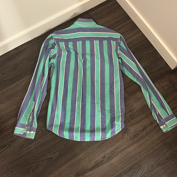 Hawkings McGill Mens XS Blue Green Black Striped Long Sleeve Button Up Shirt - Picture 2 of 2